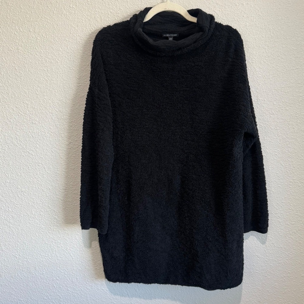 Eileen‎ Fisher Black Organic Cotton Boucle Funnel Neck Tunic Sweater Large